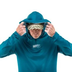 Realtree Men's RTF Blue Hooded Long Sleeve Performance Shirt -Camouflage Sales Shop Blue Mens Long Sleeve Hooded Shirt details 73380.1656340172